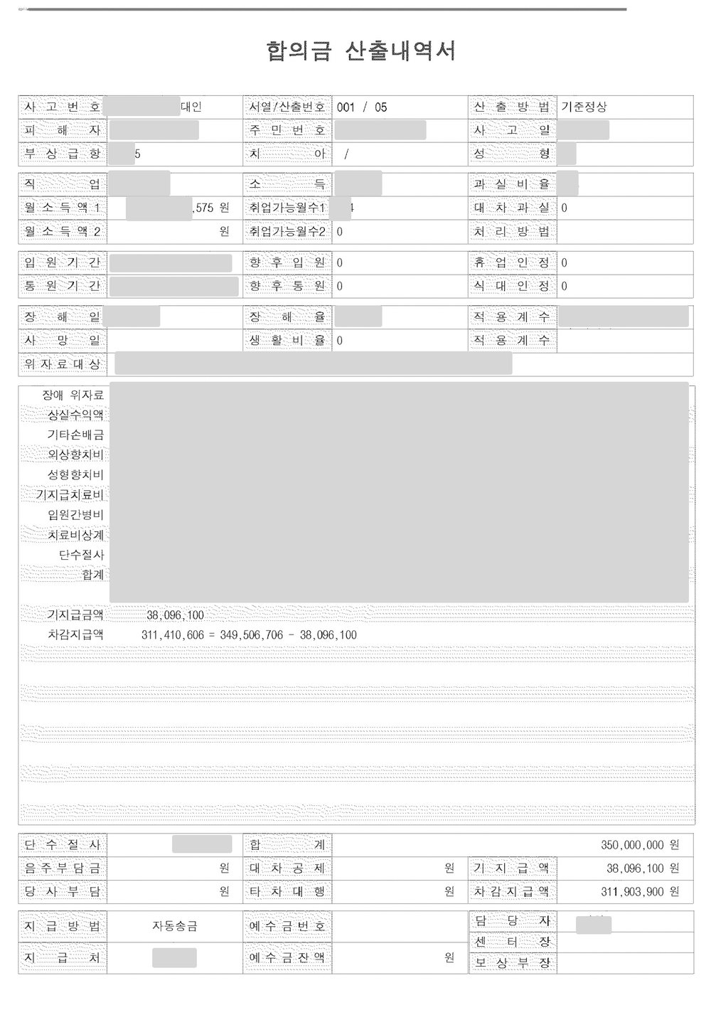 합의금 산출내역서